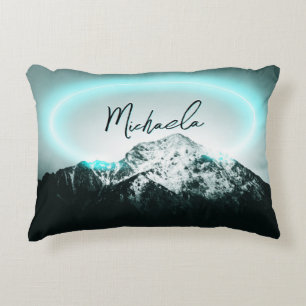 Snowy mountain mysterious blue neon light monogram accent pillow