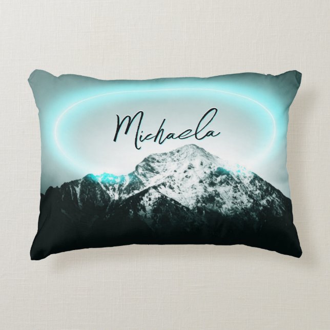 Snowy mountain mysterious blue neon light monogram accent pillow (Front)