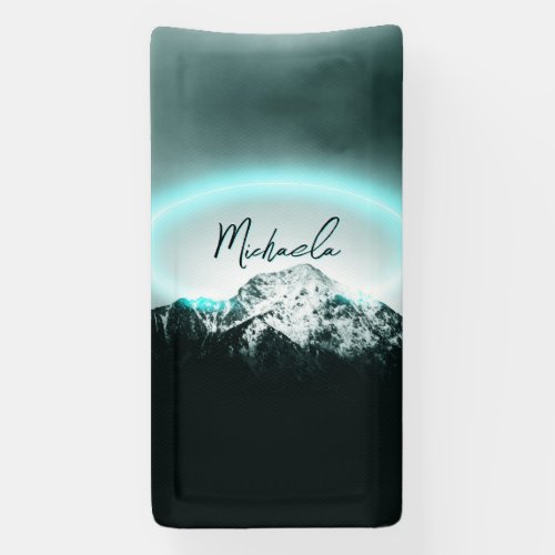 Snowy mountain mysterious blue neon light monogram banner