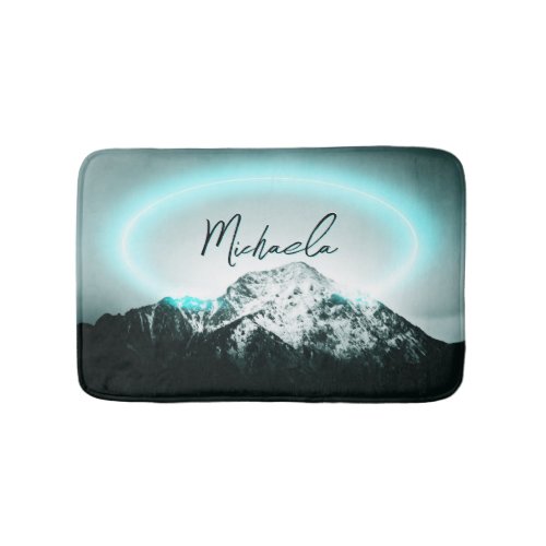 Snowy mountain mysterious blue neon light monogram bath mat