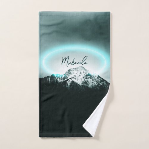 Snowy mountain mysterious blue neon light monogram bath towel set