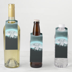 Snowy mountain mysterious blue neon light monogram bottle hanger tag