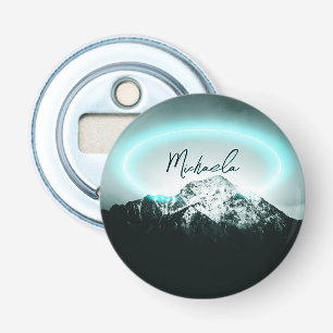 Snowy mountain mysterious blue neon light monogram bottle opener
