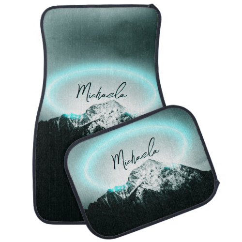 Snowy mountain mysterious blue neon light monogram car floor mat