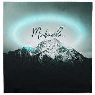 Snowy mountain mysterious blue neon light monogram cloth napkin