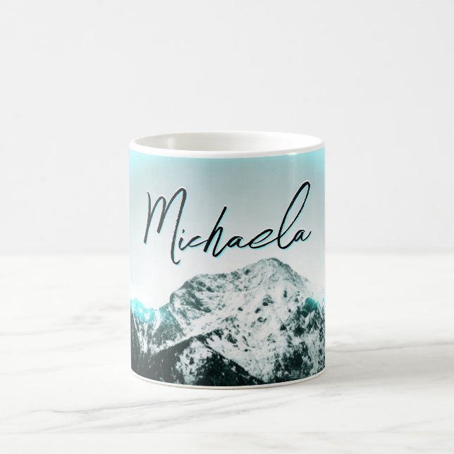 Snowy mountain mysterious blue neon light monogram coffee mug (Center)