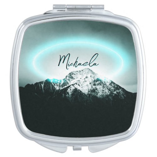 Snowy mountain mysterious blue neon light monogram compact mirror