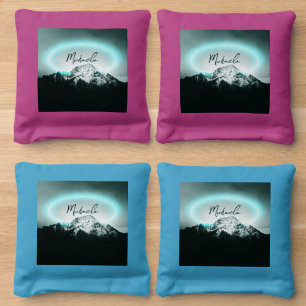 Snowy mountain mysterious blue neon light monogram cornhole bags