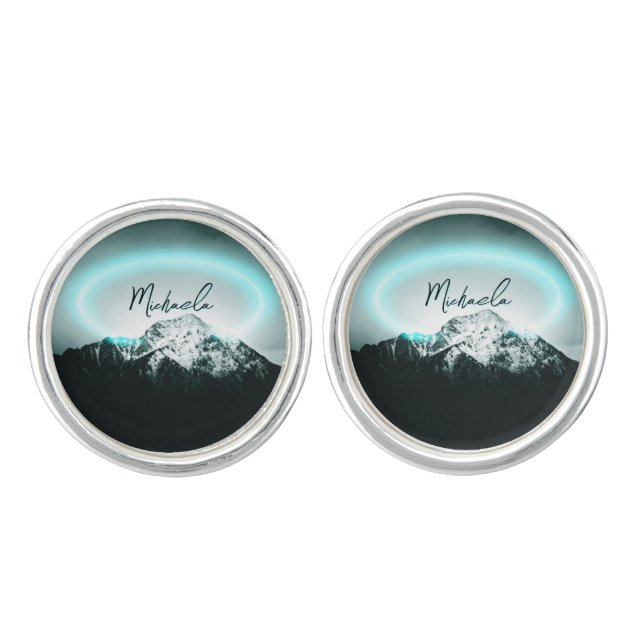 Snowy mountain mysterious blue neon light monogram cufflinks (Front)