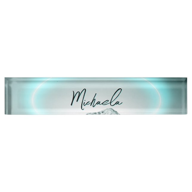 Snowy mountain mysterious blue neon light monogram desk name plate (Front)