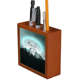 Snowy mountain mysterious blue neon light monogram desk organizer