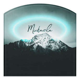 Snowy mountain mysterious blue neon light monogram door sign
