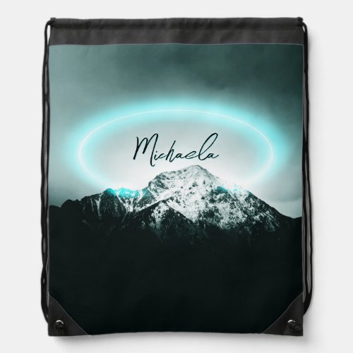 Snowy mountain mysterious blue neon light monogram drawstring bag