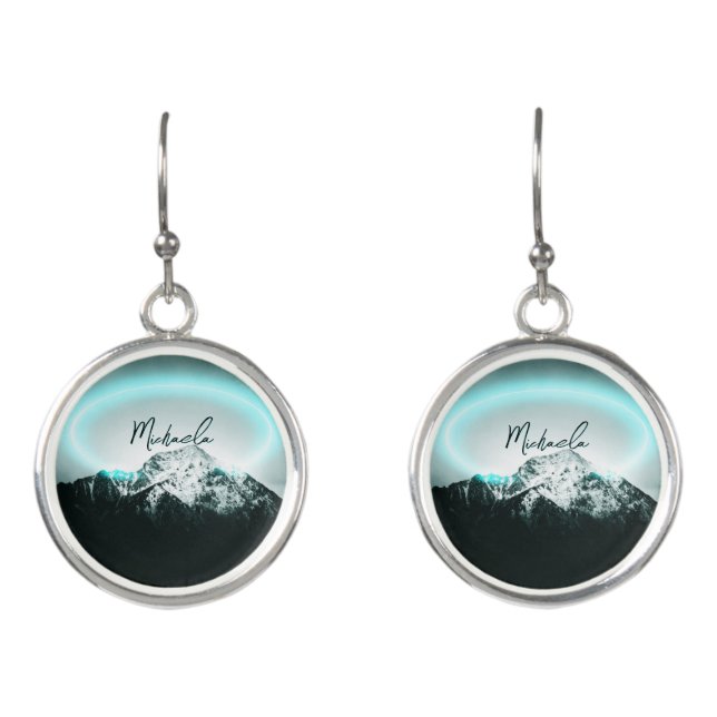 Snowy mountain mysterious blue neon light monogram earrings (Front)