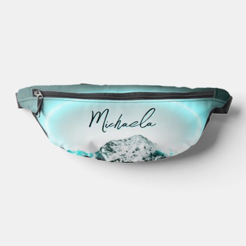 Snowy mountain mysterious blue neon light monogram fanny pack