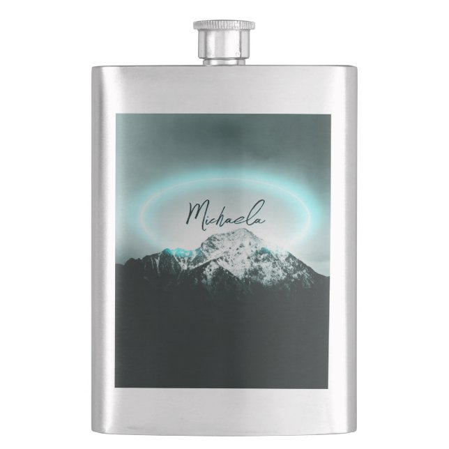 Snowy mountain mysterious blue neon light monogram flask (Front)