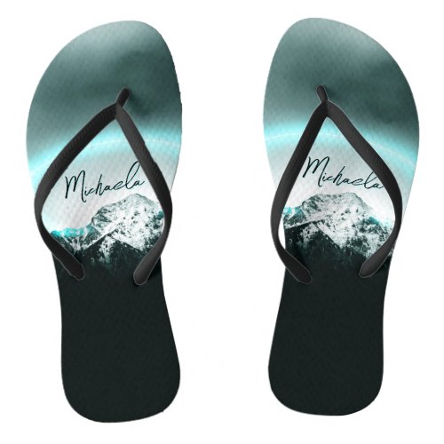 Snowy mountain mysterious blue neon light monogram flip flops