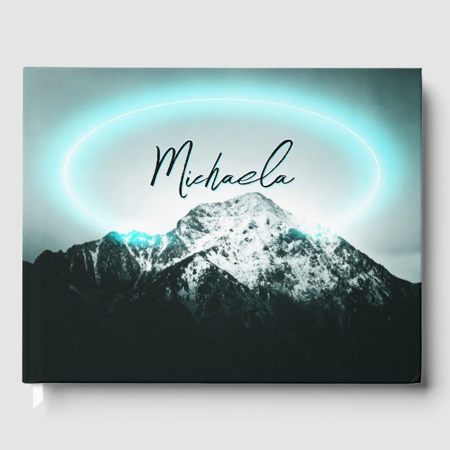 Snowy mountain mysterious blue neon light monogram guest book (Front)