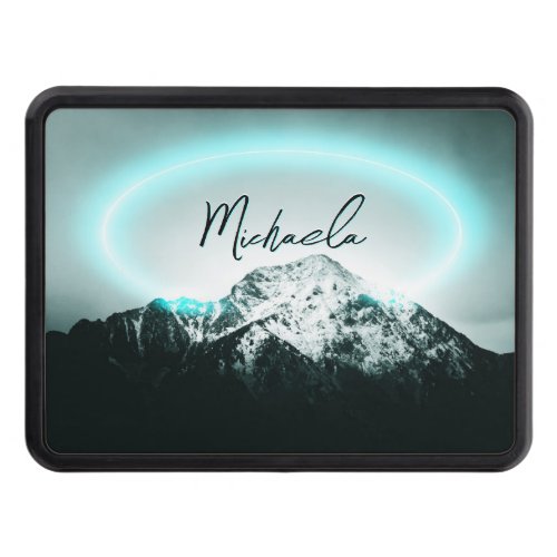 Snowy mountain mysterious blue neon light monogram hitch cover