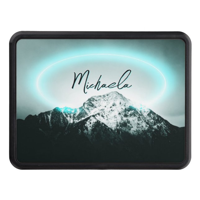 Snowy mountain mysterious blue neon light monogram hitch cover (Front)