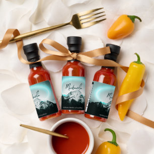 Snowy mountain mysterious blue neon light monogram hot sauces