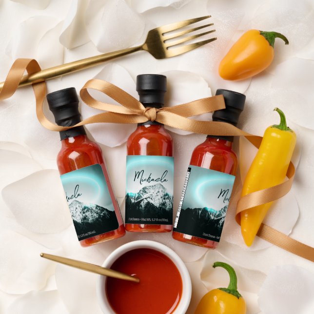 Snowy mountain mysterious blue neon light monogram hot sauces (Wedding)