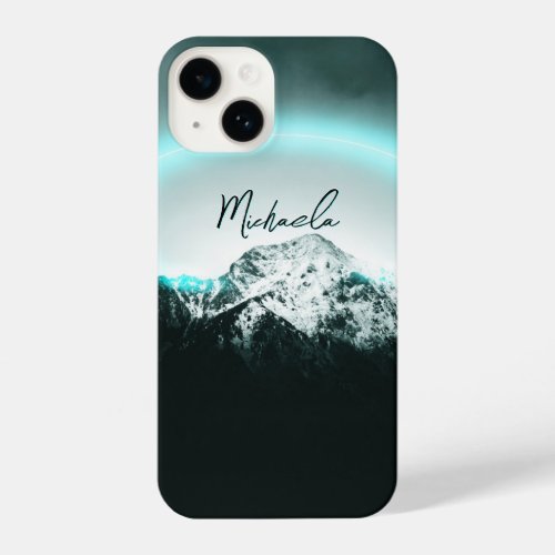 Snowy mountain mysterious blue neon light monogram iPhone 14 case