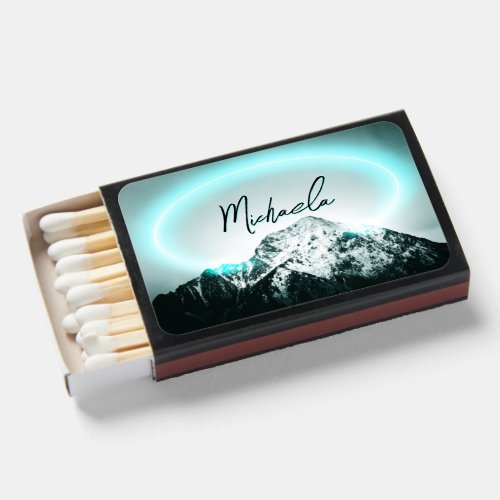 Snowy mountain mysterious blue neon light monogram matchboxes