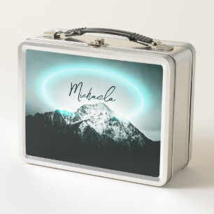 Snowy mountain mysterious blue neon light monogram metal lunch box