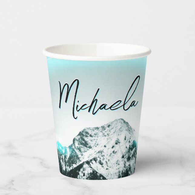Snowy mountain mysterious blue neon light monogram paper cups (Left)