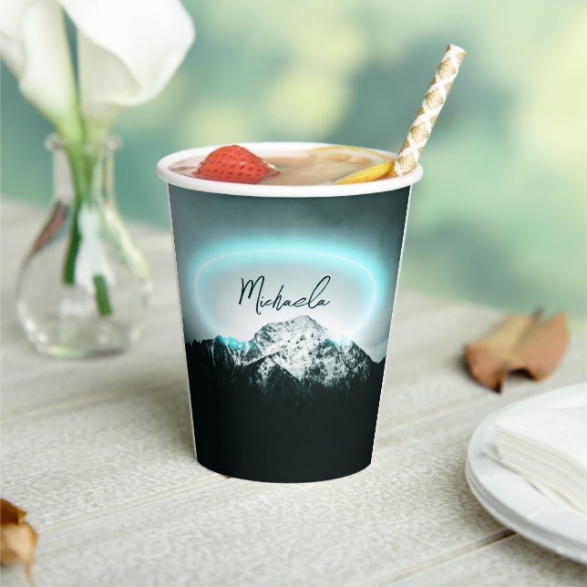 Snowy mountain mysterious blue neon light monogram paper cups (Insitu)