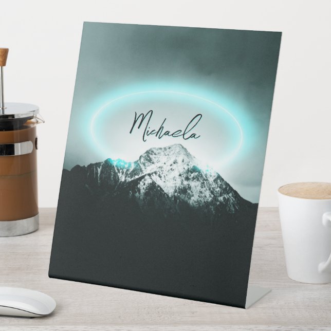 Snowy mountain mysterious blue neon light monogram pedestal sign (In SItu)