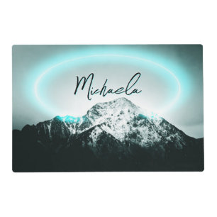 Snowy mountain mysterious blue neon light monogram placemat