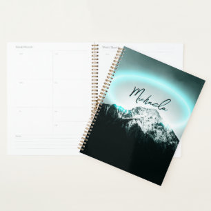 Snowy mountain mysterious blue neon light monogram planner