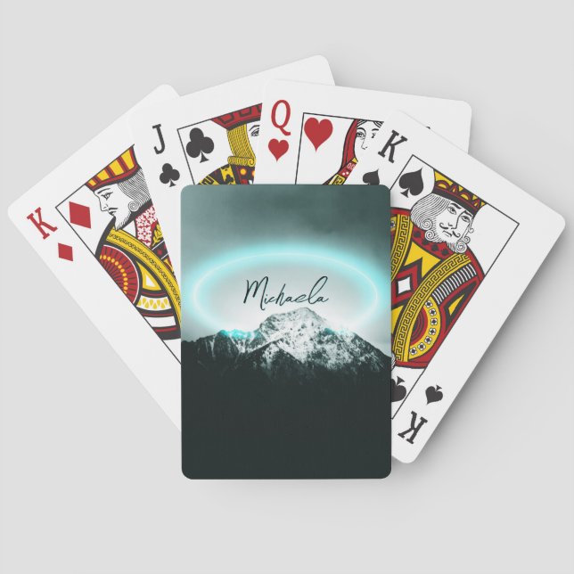 Snowy mountain mysterious blue neon light monogram poker cards (Back)