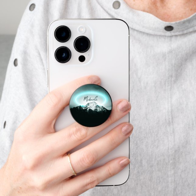 Snowy mountain mysterious blue neon light monogram PopSocket (Hand)