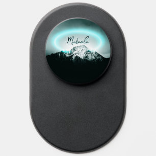 Snowy mountain mysterious blue neon light monogram PopSocket
