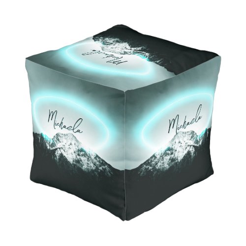 Snowy mountain mysterious blue neon light monogram pouf