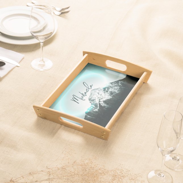 Snowy mountain mysterious blue neon light monogram serving tray (Front)