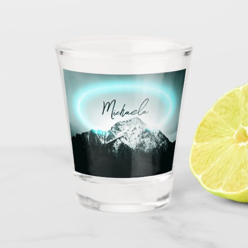 Snowy mountain mysterious blue neon light monogram shot glass