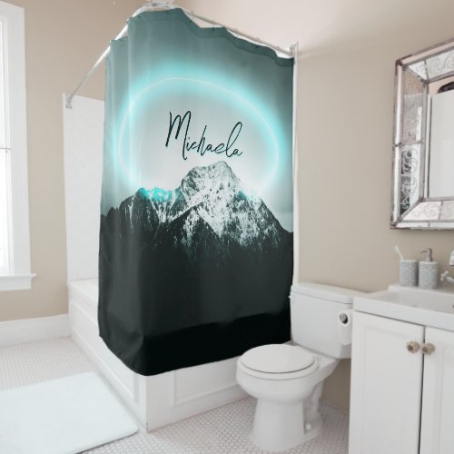 Snowy mountain mysterious blue neon light monogram shower curtain