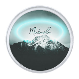 Snowy mountain mysterious blue neon light monogram silver finish lapel pin
