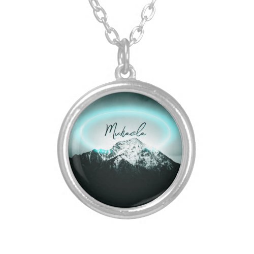 Snowy mountain mysterious blue neon light monogram silver plated necklace