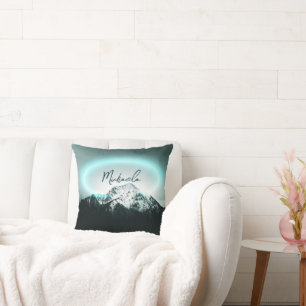 Snowy mountain mysterious blue neon light monogram throw pillow