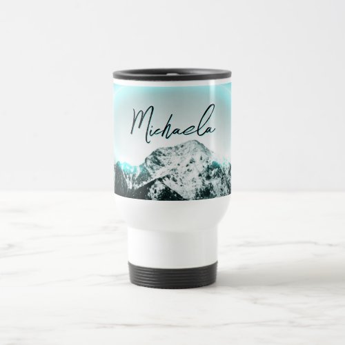 Snowy mountain mysterious blue neon light monogram travel mug