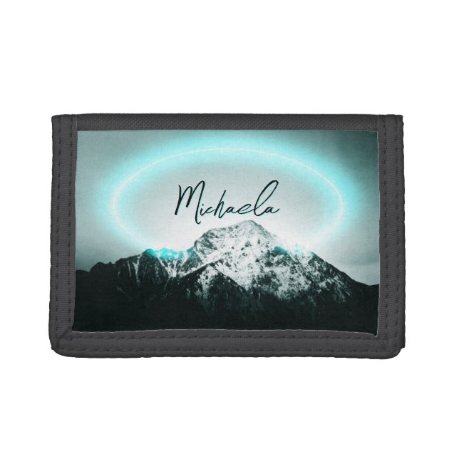 Snowy mountain mysterious blue neon light monogram trifold wallet (Front)