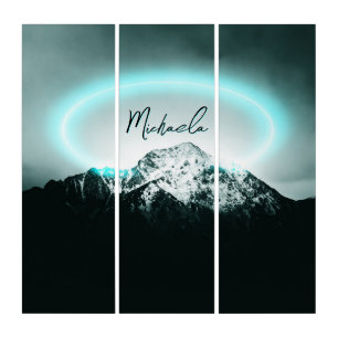 Snowy mountain mysterious blue neon light monogram triptych