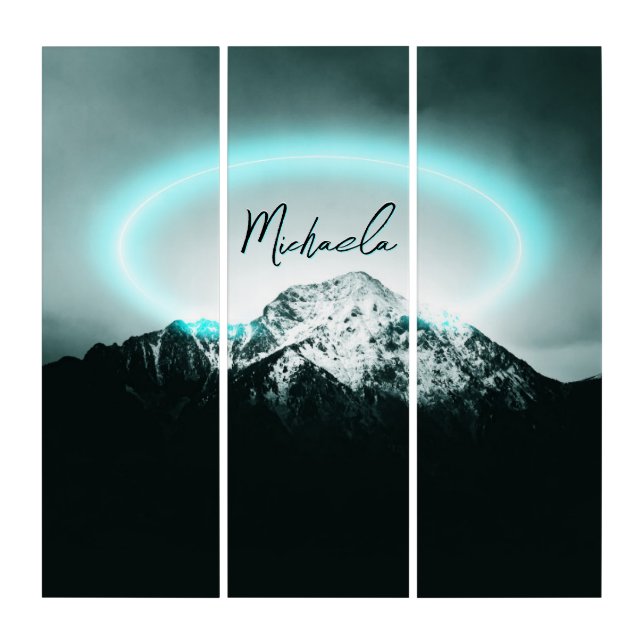 Snowy mountain mysterious blue neon light monogram triptych (Front)