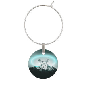 Snowy mountain mysterious blue neon light monogram wine charm