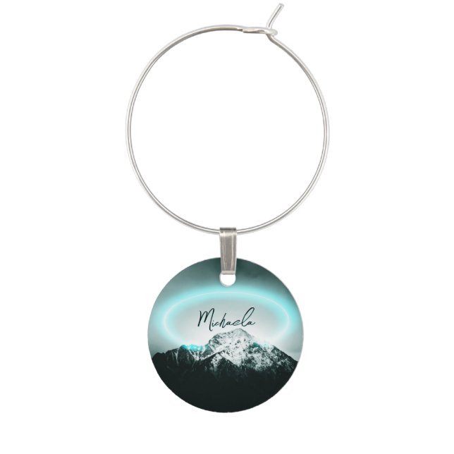 Snowy mountain mysterious blue neon light monogram wine charm (Front)